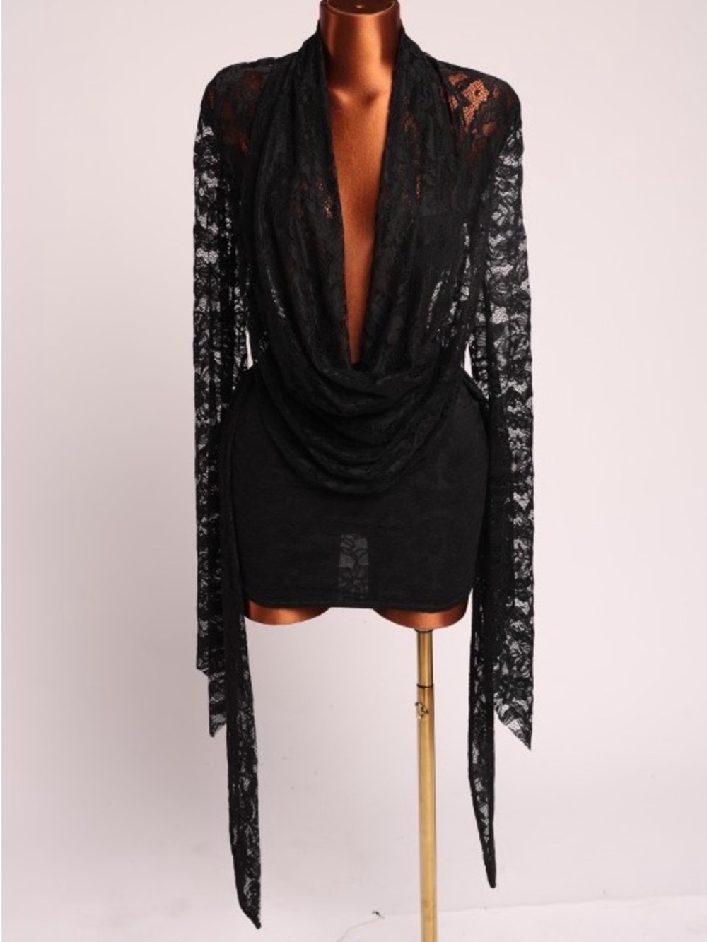 Delicate Black Lace Drape Front Mini Dress